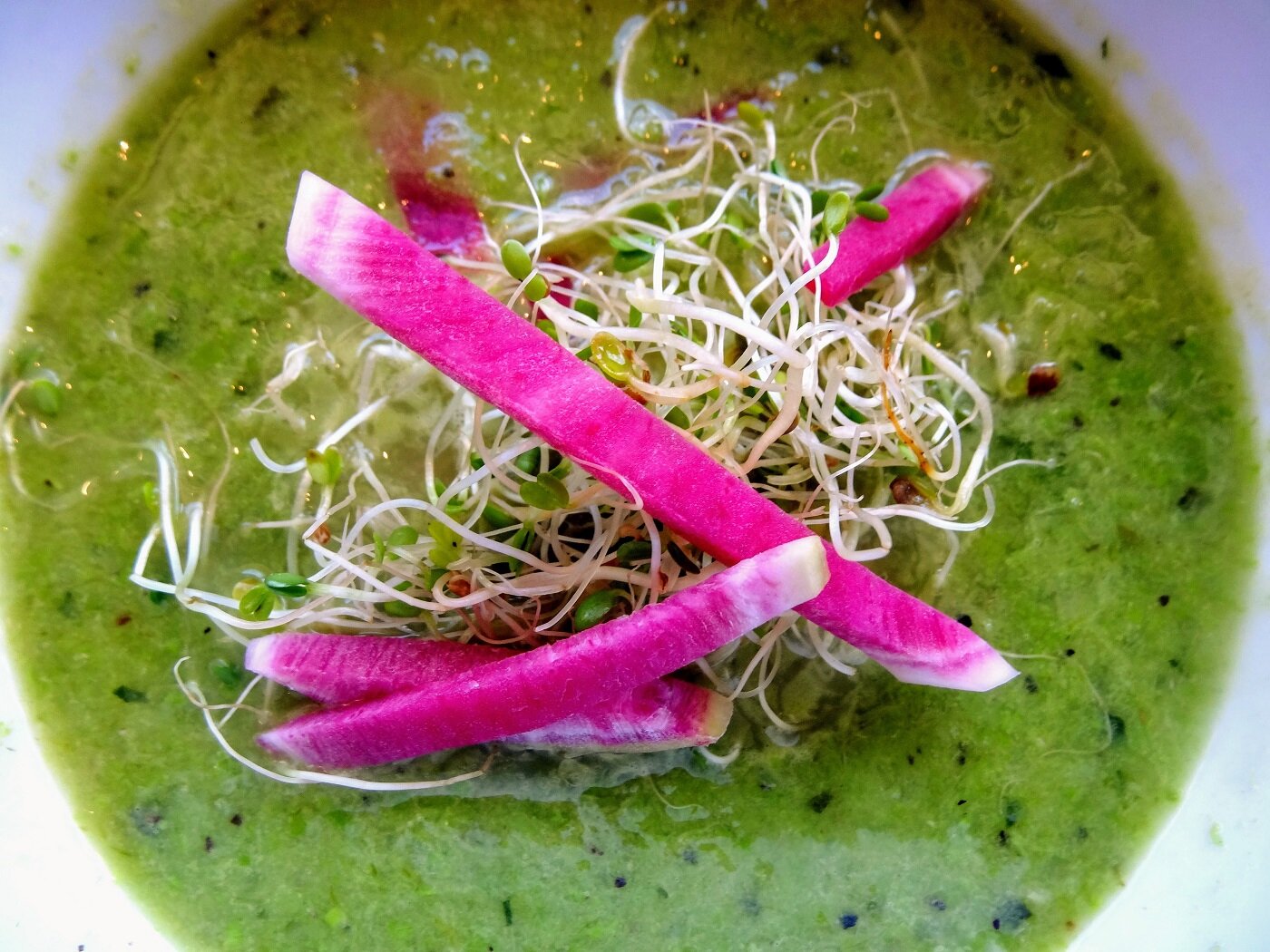 Green+Soup+Watermelon+Radish+5480 a bowl of salad on a plate