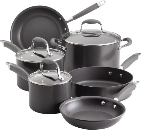 Analon Nonstick anodized set Set of black nonstick pots and pans with glass lids and handles.