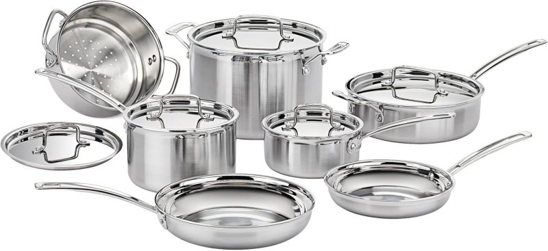 Cuisinart stainless steel Set of shiny stainless steel cookware including pots, pans, and lids.