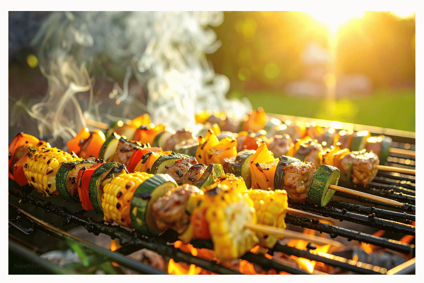 Grilled vegetable and meat skewers on a BBQ grill with smoke and sunlight.
