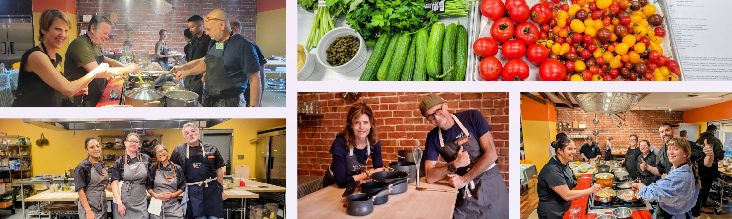 Kitchen on Fire. cooking classes, chefs with ingredients and kitchen scenes.